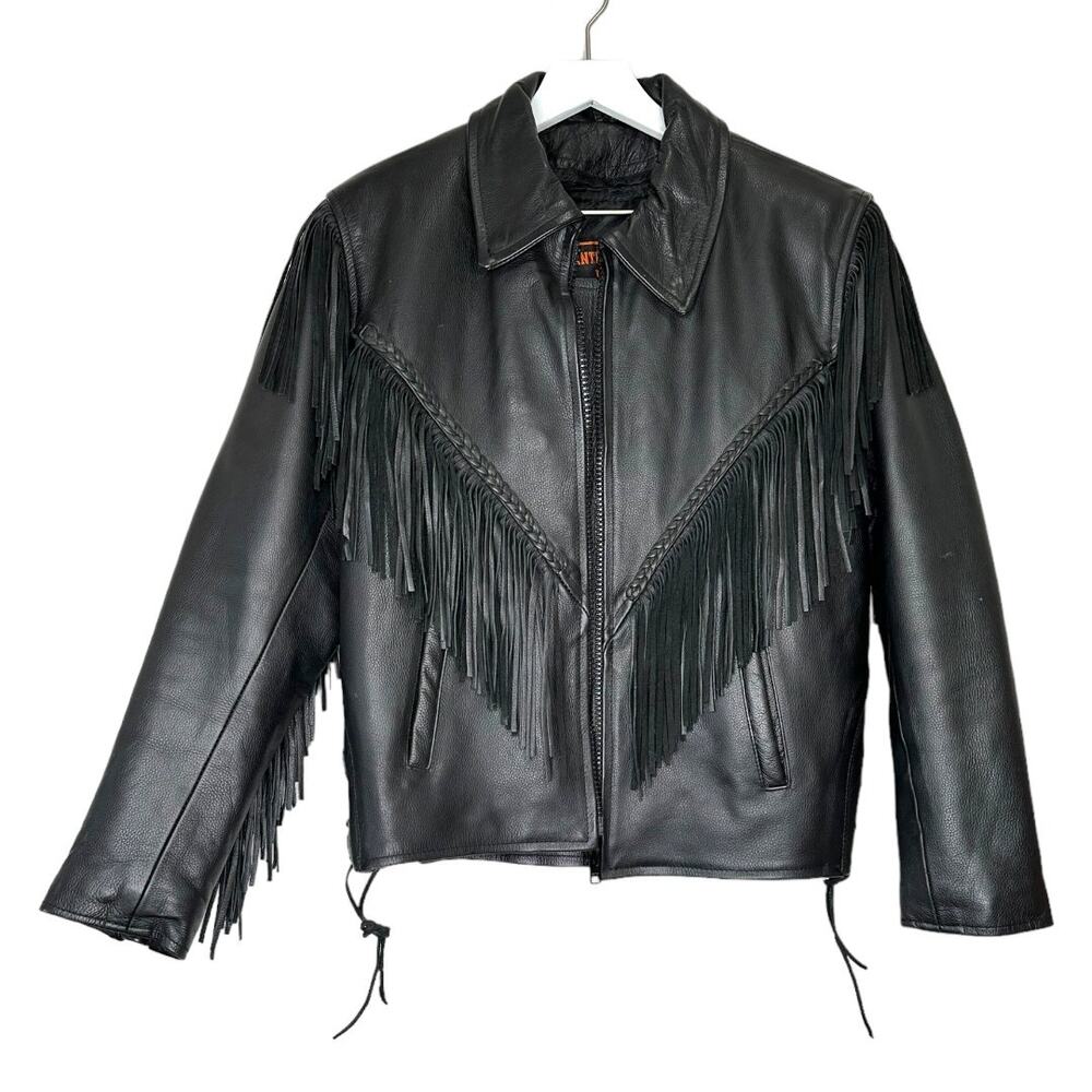 Antelope Creek Black Leather Fringe Motorcycle Jacket Size Medium - Picture 2 of 14